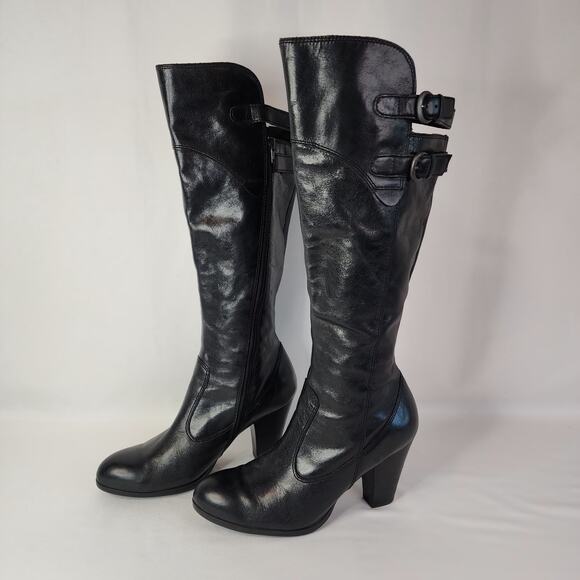 Born Shoes - Born Collette Knee-High Black Boots Size 9.5 Leather Double Buckle
